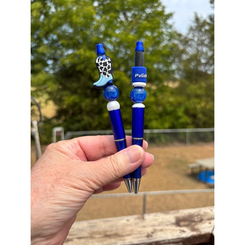Custom Beaded Ballpoint Pen Set Blue Metallic Western Cow Print Boot Polish